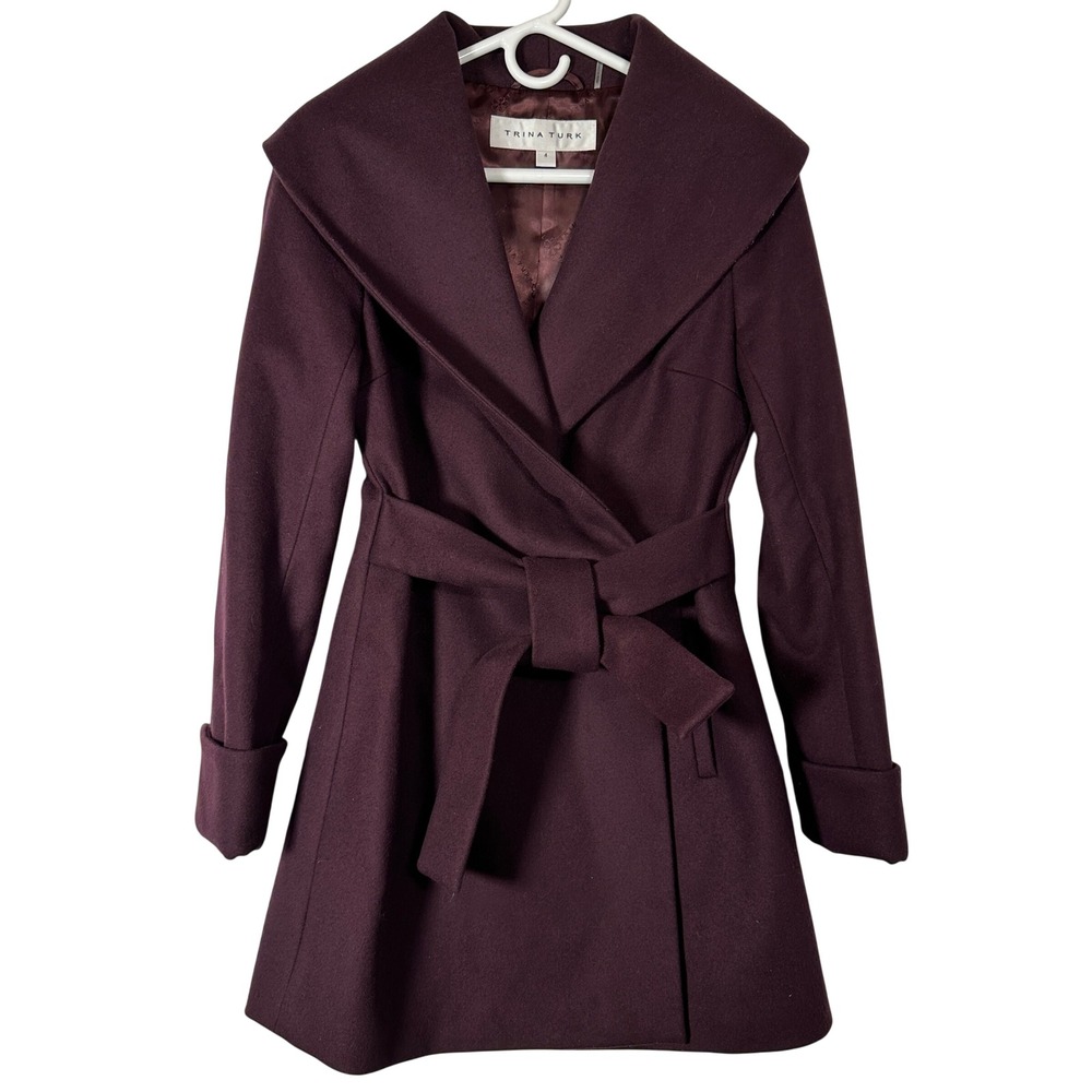 Purple Wrap Coat Trina Turk Plum Wool Blend Shawl‎ Collar Fit Flare Overcoat 4